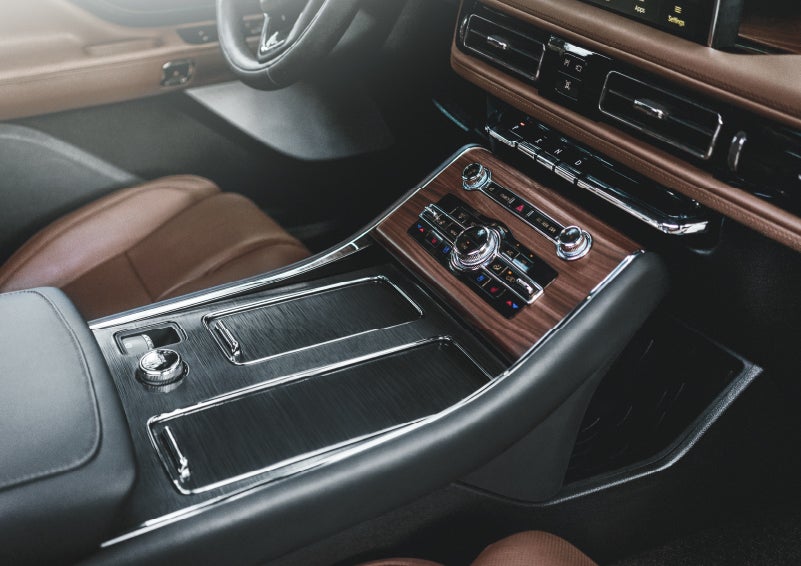 The front center console of a 2024 Lincoln Aviator® SUV is shown | LaFontaine Lincoln Grand Rapids in Grand Rapids MI