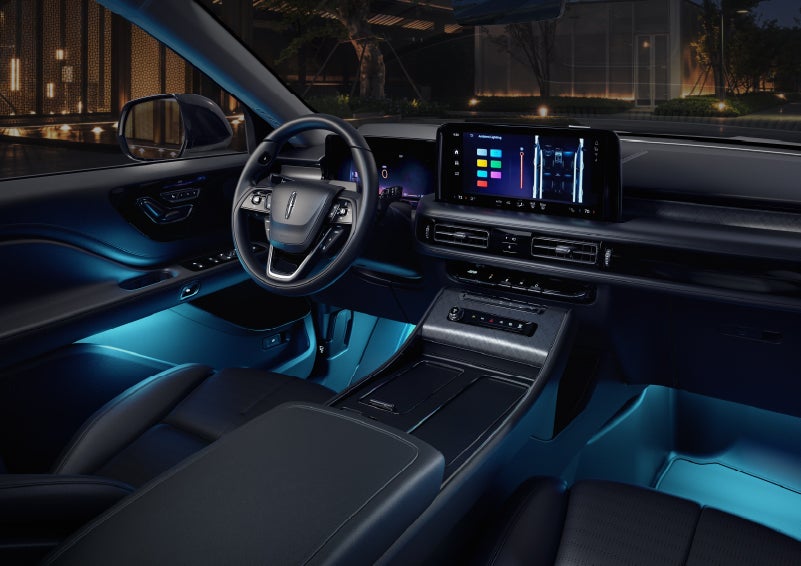 Deep blue ambient lighting glows from various places within a 2026 Lincoln Aviator® SUV. | LaFontaine Lincoln Grand Rapids in Grand Rapids MI
