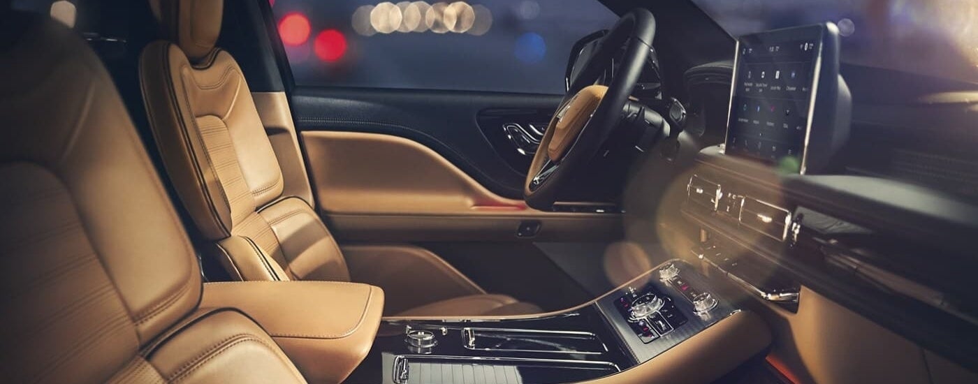 Brown leather interior in a 2023 Lincoln Aviator.