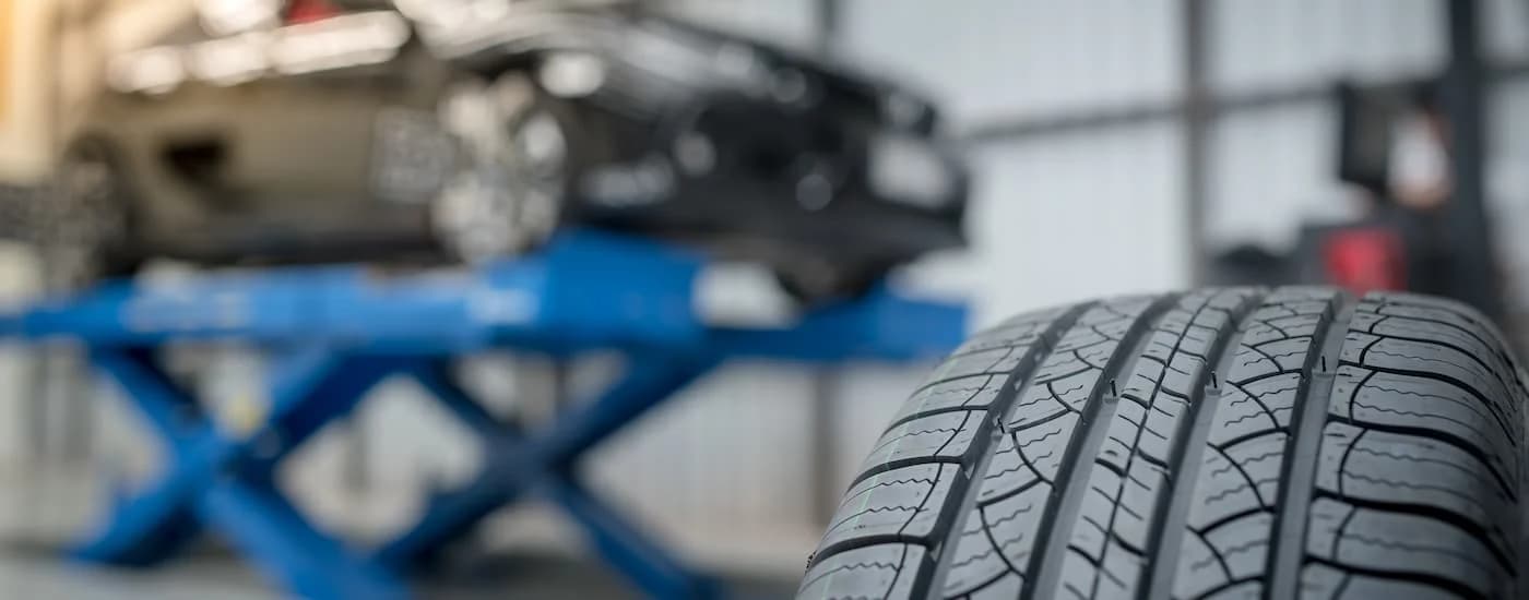 Close-up on the treadmarks of a tire.
