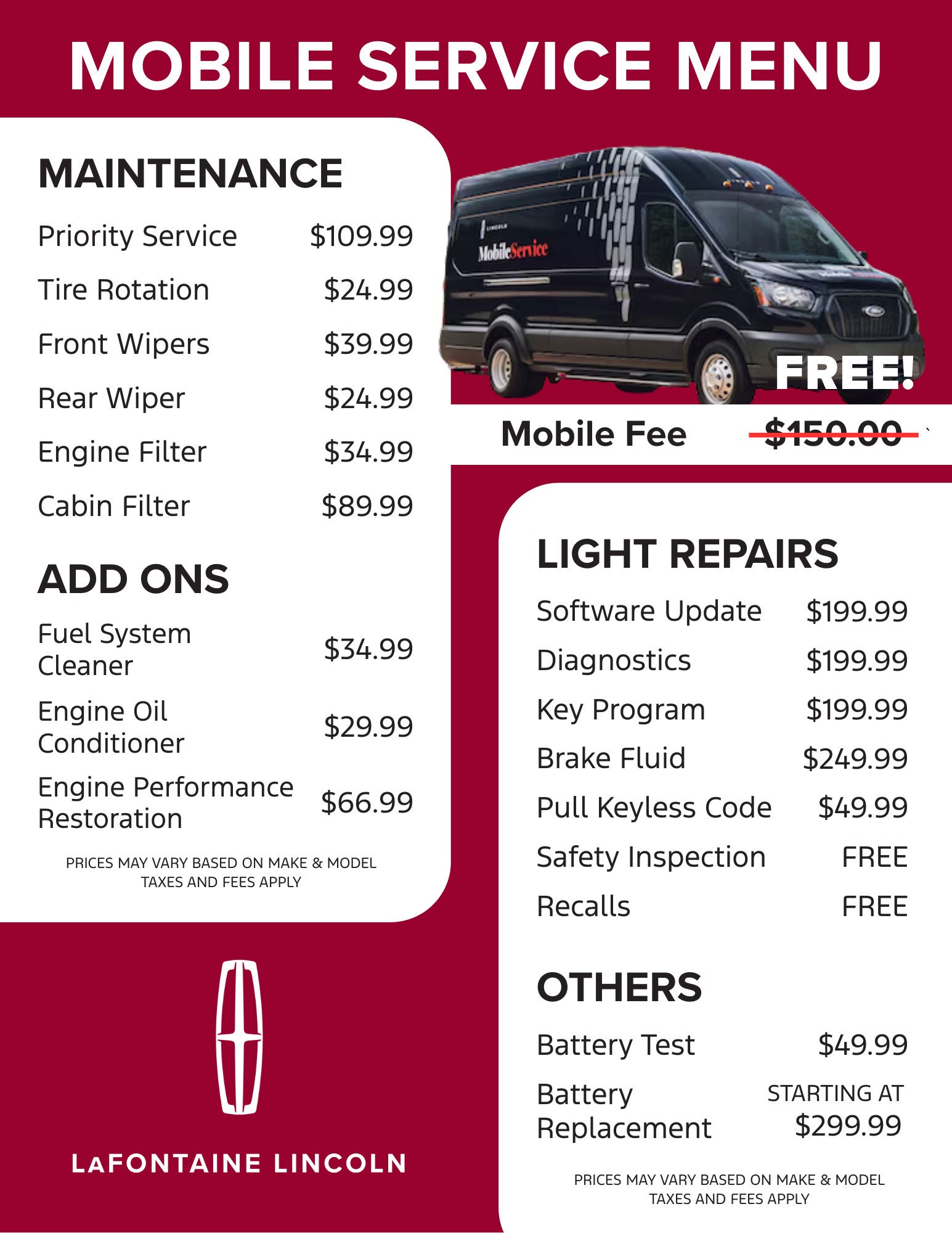 Ford Mobile Service Pricing Menu